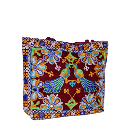 Hand Crafted Cotton & Mirror Work Handbag in Embroidered Floral Design